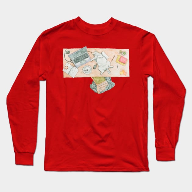 A cat laying on the table Long Sleeve T-Shirt by Johka